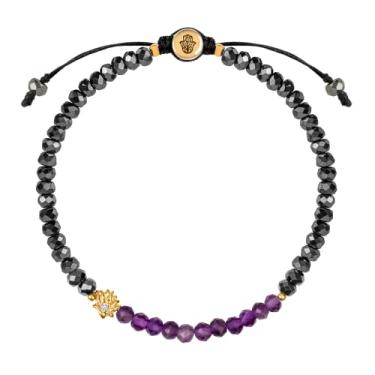 Imagem de KARMA AND LUCK - Blessed Equilibrium - Pulseira feminina de saúde de hematita de lótus banhada a ouro ametista genuína. Tamanho: ajustável de 14 cm a 19 cm. Pulseira de proteção, pronta para