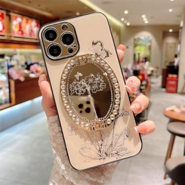 Imagem de Design Magic Mirror Case para iPhone 14 Pro Max 11 12 13 Pro 14 Plus Glitter Ring Kickstand Make Up Beauty Case, Gold Evergreen Tree, para iPhone 12