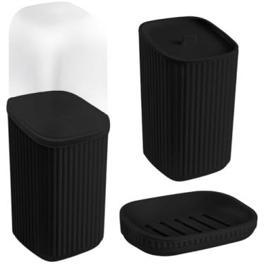 Imagem de Kit Banheiro Lavabo Saboneteira Porta Escova De Dente Porta Algodão Plástico Para Decoração (Preto)