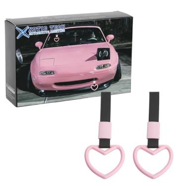 Imagem de Xotic Tech 2 peças JDM em forma de coração Tsurikawa alças de alça de ônibus trem de metrô Drift Charm anel de aviso de para-choque traseiro para carros, SUV decoração interior exterior (rosa)