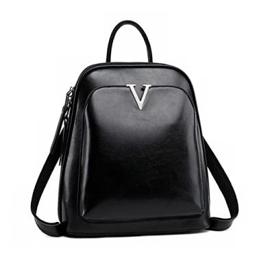 Imagem de Mochila feminina vintage de couro legítimo mochila escolar bolsa de ombro feminina mochila(Black)