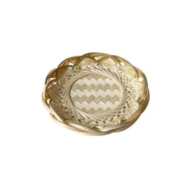 Imagem de Cestas de presente redondas, cestas pequenas de bambu para pão e frutas, cestas de pão de tecido, cestas de servir comida, bandeja de pão de bambu, cesta de servir artesanal, prato de servir de sushi