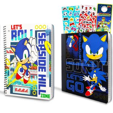 Imagem de Notebook Sonic para escola O pacote Sonic Folders with Pockets inclui caderno de composição Sonic e pastas Sonic, além de adesivos e cabide de porta S