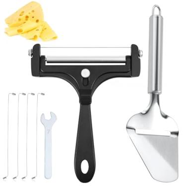 Imagem de Cortador de queijo de aço inoxidável portátil com 4 fios extras, pá e chave inglesa, cortador de alimentos ajustável para manteiga e mussarela cheddar