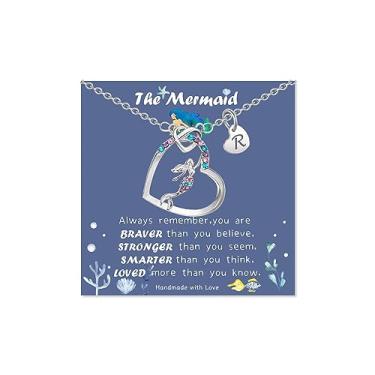 Imagem de LINY Presente de sereia para meninas colar de sereia com letras de arco-íris colar de sereia com letra inicial joias de sereia para meninas adolescentes, filha, sobrinha, presentes de aniversário de Natal, Metal, Sem Pedra Preciosa