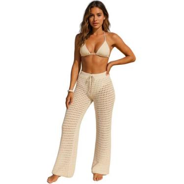 Imagem de Saída De Praia Calça Tricot Crochê Pantalona Alto Verão Cintura Alta M