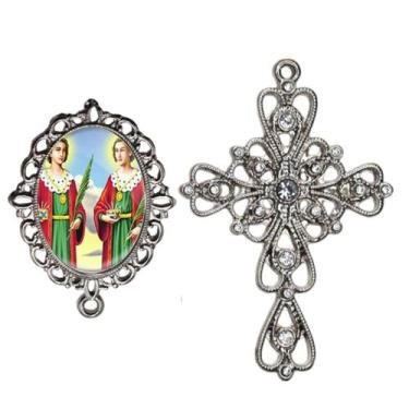 Imagem de Crucifixo Arabesco Terço de Noiva Relicario São Cosme e Damião Peças p