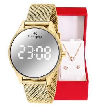 Imagem de Relógio Feminino Dourado Champion Digital Espelhado CH40133B Kit Colar e Brincos