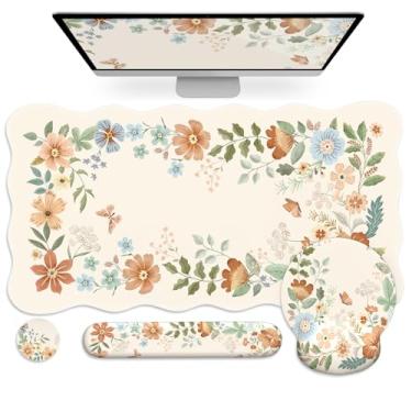 Imagem de Anyshock Tapete De Mesa Grande Com 4 Peças, Mouse Pad Ergonômico E Apoio Para Pulso Teclado, Conjunto Antiderrapante Almofada, Jogos Suaves Mulheres Em Casa (Bege)