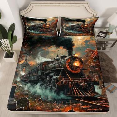 Imagem de Jogo de cama solteiro retrô com trem de locomotiva a vapor, decoração de quarto de meninos e meninas, folhas de bordo com tema de outono, lençol com elástico laranja e preto, 1 fronha