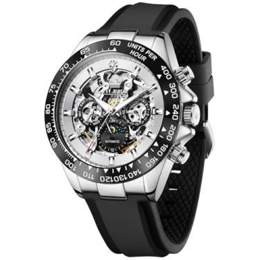 Imagem de OLEVS Relógio automático masculino esqueleto com corda automática, aço inoxidável, silicone, à prova d'água, luminoso, diamante, seis ponteiros, fase da lua, relógio mecânico, 6713: Todo prateado