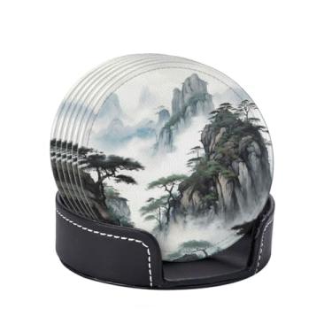 Imagem de Porta-copos para bebidas porta-copos de couro absorvente com suporte conjunto de 6 pintura de paisagem chinesa porta-copos engraçados tapete de copo para bebidas para mesa de café, xícara de mesa, bar