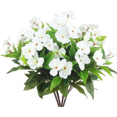 Imagem de XIYUAN 3 peças de flores artificiais resistentes a UV ao ar livre, flores sintéticas de seda branca para pendurar cestos, vasos, pátio, gramado, jardim e decoração de varanda (branca)