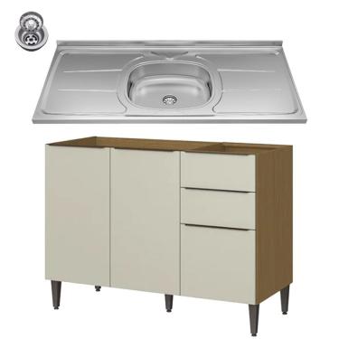 Imagem de Balcão Julia com Pia e Cuba GhelPlus 120cm 3 Portas 2 Gaveta Atacama Areia Aramóveis