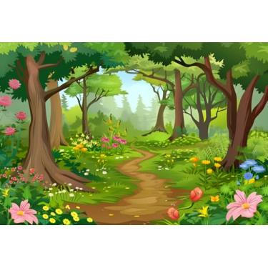 Imagem de Pano de fundo de tecido de desenho animado floresta, conto de fadas, flores e paisagens das maravilhas para chá de bebê, crianças, decoração de festa de aniversário, adereços de estúdio fotográfico