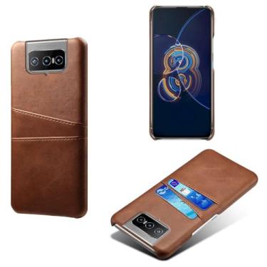 Imagem de Capas Compatível com ASUS Zenfone 8 Filip,Caso de couro PU-Tampa de telefone a prova de choque com 2 slots de cartão,Proteção anti-impressão digital e anti-gota-Brown