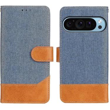 Imagem de SOOPII Capa de celular robusta para Pixel 9 Pro XL, estampa de tecido e design antiderrapante, capa protetora fina à prova de choque com carteira e porta-cartão, azul marinho