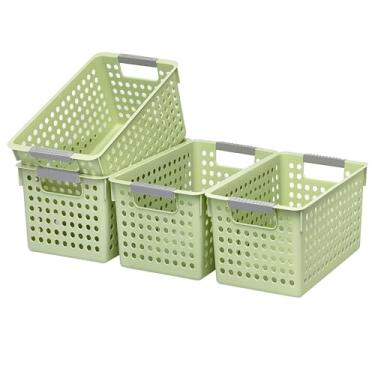 Imagem de Pacote com 4 cestas de armazenamento de plástico com alças, caixa organizadora pequena e profunda com design oco para embaixo do balcão, prateleira, armário, cozinha ou banheiro (verde, pequeno)