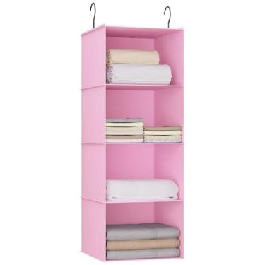 Imagem de DonYeco Organizador de armário de pendurar, fácil de montar, dobrável com 4 prateleiras, prateleiras de armazenamento de guarda-roupa, bolsa de mão, acessórios de sapatos, tecido Oxford lavável, rosa