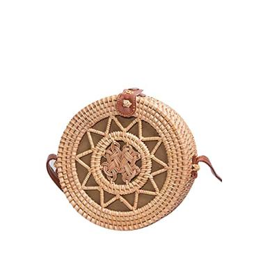 Imagem de SHAREYOIU Bolsa de vime redonda tecida à mão, ombro natural, chique, estilo praia tropical, tecida com alça de couro, Flor, 7 x 3.2 inches