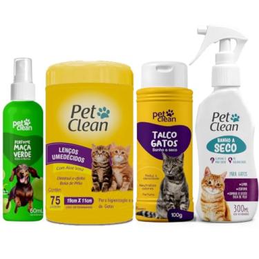Imagem de Kit Higiene Completo para Gatos, Banho a Seco Gatos, Talco, Lenço Umedecido, Perfume Pet Clean (Macã Verde)