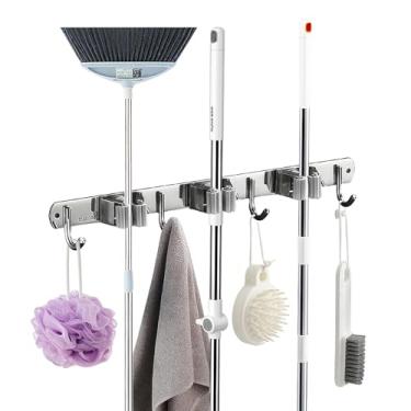 Imagem de ONIZOOMI Suporte de Parede para Vassoura e Esfregão sem Perfuração - Organizador de Aço Inoxidável, Ganchos de Parede com Adesivo Forte, Ideal para Lavanderia e Garagem (Cinza-3 Clipes 4 Ganchos)