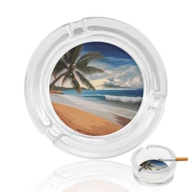Imagem de Cinzeiro de vidro de cristal de praia arenosa de coqueiro, cinzeiro redondo de vidro resistente para fumar cinzeiro portátil decorativo moderno para uso em casa, escritório, interior e exterior, pátio