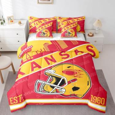 Imagem de Conjunto de edredom de capacete de time de futebol americano com 7 peças, Queen, para crianças, adolescentes, esportes, silhueta de cidade, ilustração de roupa de cama para fãs de esportes de rúgbi,