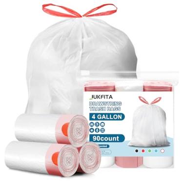 Imagem de 90 sacos de lixo de 4 galões com cordão, JUKFITA sacos de lixo pequenos sem rasgo, sacos de lixo brancos sem cheiro para banheiro, quarto, escritório, cozinha