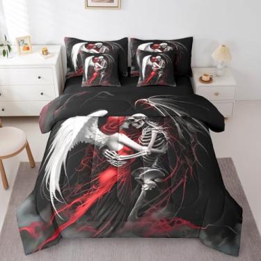 Imagem de Erosebridal Jogo de cama solteiro de caveira gótica, para casal, dia dos namorados, esqueleto, anjo vermelho e preto, conjunto de lençol com edredom para decoração de quarto masculino e feminino