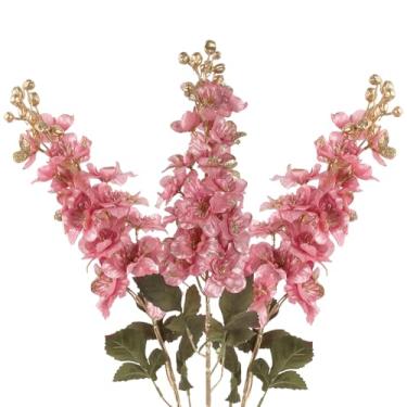Imagem de IPOPU Flores artificiais Delphinium com glitter, 3 peças de flores artificiais rosas altas 80 cm flores de seda falsa Snapdragon com hastes para vaso alto, festa de casamento, decoração de casa de