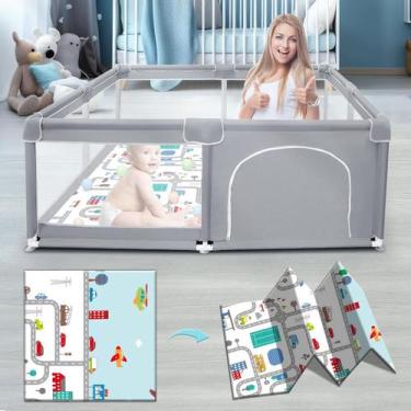 Imagem de Cercadinho para bebês Fshibila com tapete interno e externo cinza 130x