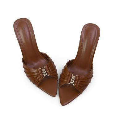 Imagem de iiimmu Sandálias de salto alto stiletto mules de 8,5 cm com bico fino e salto alto de couro sintético, Couro sintético marrom, 42