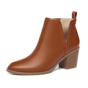 Imagem de Coutgo Botas femininas recortadas no tornozelo, salto grosso, bico amêndoa, sem cadarço, botas ocidentais, Vermelho-marrom, 39