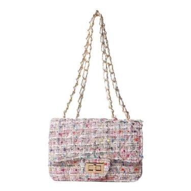 Imagem de DFJXXX Bolsas de ombro femininas xadrez de tweed, corrente de grande capacidade, bolsa quadrada para noite, bolsa tiracolo feminina de lã, bolsa clutch, Branco-1