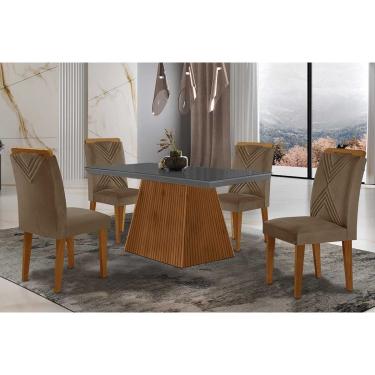 Imagem de Sala de Jantar Completa Luna Tampo Madeirado c/ Vidro Curvo 120x80 e 4 Cadeiras Amsterdã Imbuia/Suede Capuccino - Rufato