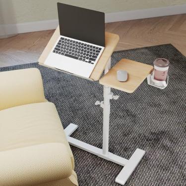 Imagem de YUHFERA Mesa de rodinhas para laptop, altura e ângulo ajustável sobre a cama com rodas, mesa inclinável para laptop para sofá com suporte de copo, bandeja de mesa de cama para comer (carvalho)