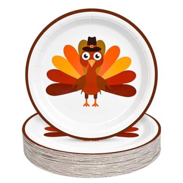 Imagem de Pratos de papel de Ação de Graças, peru, fofo, descartável, 18 cm, prato de sobremesa, outono, laranja, marrom, descartável, para festa, colheita, aniversário, chá de bebê, suprimentos de festa (48