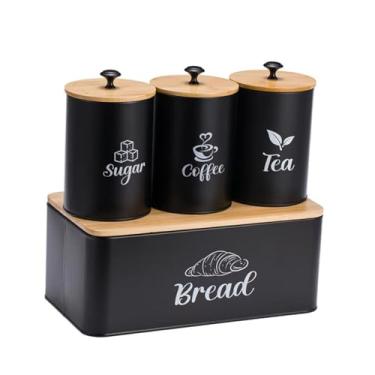 Imagem de Fenteer Conjunto de recipientes de cozinha para café, chá, açúcar, utensílios de cozinha com tampa, caixa de pão, recipiente para armazenamento de alimentos, Preto