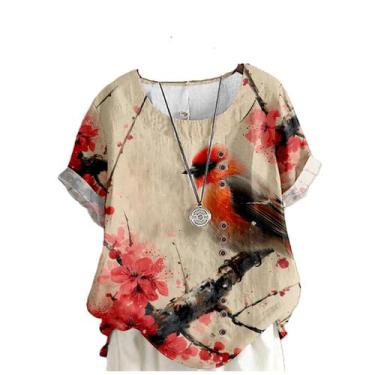 Imagem de Camisa de linho domirica Plumbird Print bordada feminina 3GG