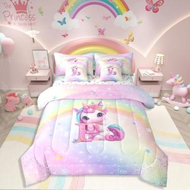 Imagem de Erosebridal Conjunto de cama infantil solteiro de unicórnio rosa, 7 peças, para meninas, colorido, arco-íris, galáxia, estrela, ultramacio, alfabeto, letra P, decoração de quarto