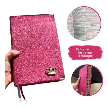 Imagem de 2X Bíblia Sagrada Rosa Luxo Glitter Brilho  Letras Médias 