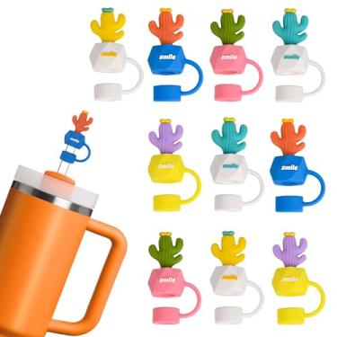 Imagem de 10 peças de topo de palha de cacto para Stanley Cup, tampa de cobertura de palha de silicone para Stanley Copo de 20 e 30 e 1,13 g com alça, 10 mm 1 cm | À prova de poeira | Reutilizável | Toppers