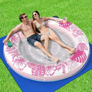 Imagem de Espreguiçadeira inflável para piscina de bronzeamento com lona de proteção, flutuadores de piscina de 190,5 cm x 190,5 cm adulto com travesseiro, boia de jangada de banheira de bronzeamento 6 em 1