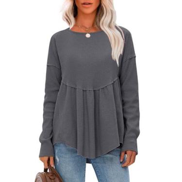 Imagem de Túnica EXLURA Waffle Knit de manga comprida para mulheres cinza escuro