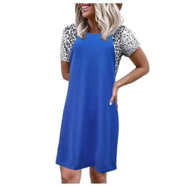 Imagem de Vestido feminino leopardo, manga curta, gola redonda, solto, confortáv