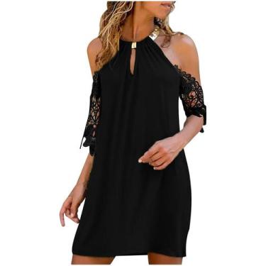 Imagem de Mulheres de renda manga curta com decote em O Halter Vestidos longos s