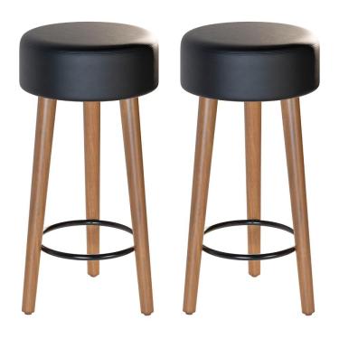 Imagem de Kit 02 Banquetas Baixa Cozinha Paris Estofada D-33 Pés de Madeira Rosqueáveis Corano Preto - Desk Design