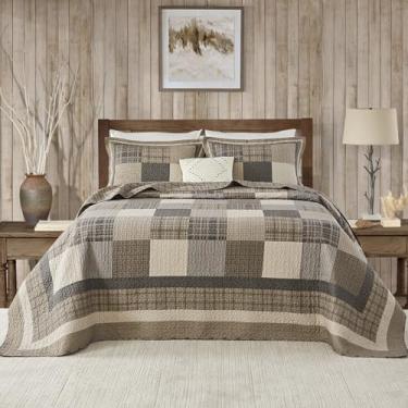 Imagem de Quilta Conjunto de colcha 100% algodão California King Size – colcha rústica xadrez xadrez de fazenda 304,8 x 304,8 cm - edredom leve e macio para quatro estações, 3 peças com 2 fronhas, cinza bege e