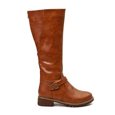 Imagem de Bigfanshu Botas de cano alto marrom femininas vintage couro salto quadrado zíper altura do joelho fivela bota manter quente sapatos de bico redondo britânico, Amarelo, 40 BR